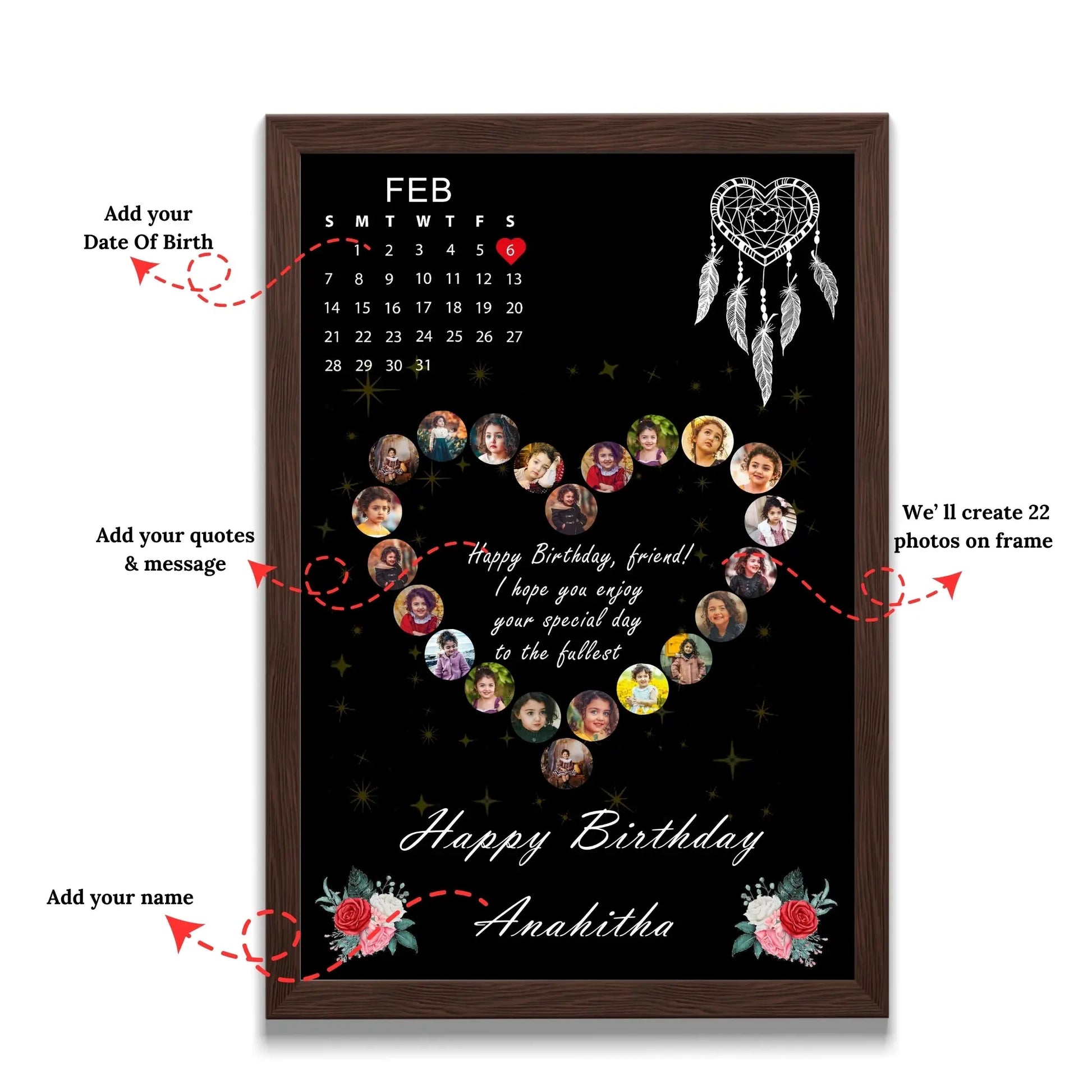 Black Heart Design Happy Birthday | Happy Anniversary Customized Photo Frames with calendar Frames Available in (12x18, 12x8, 12x10 inch - Graphikr - Publishing, Printing & Customized Gifting