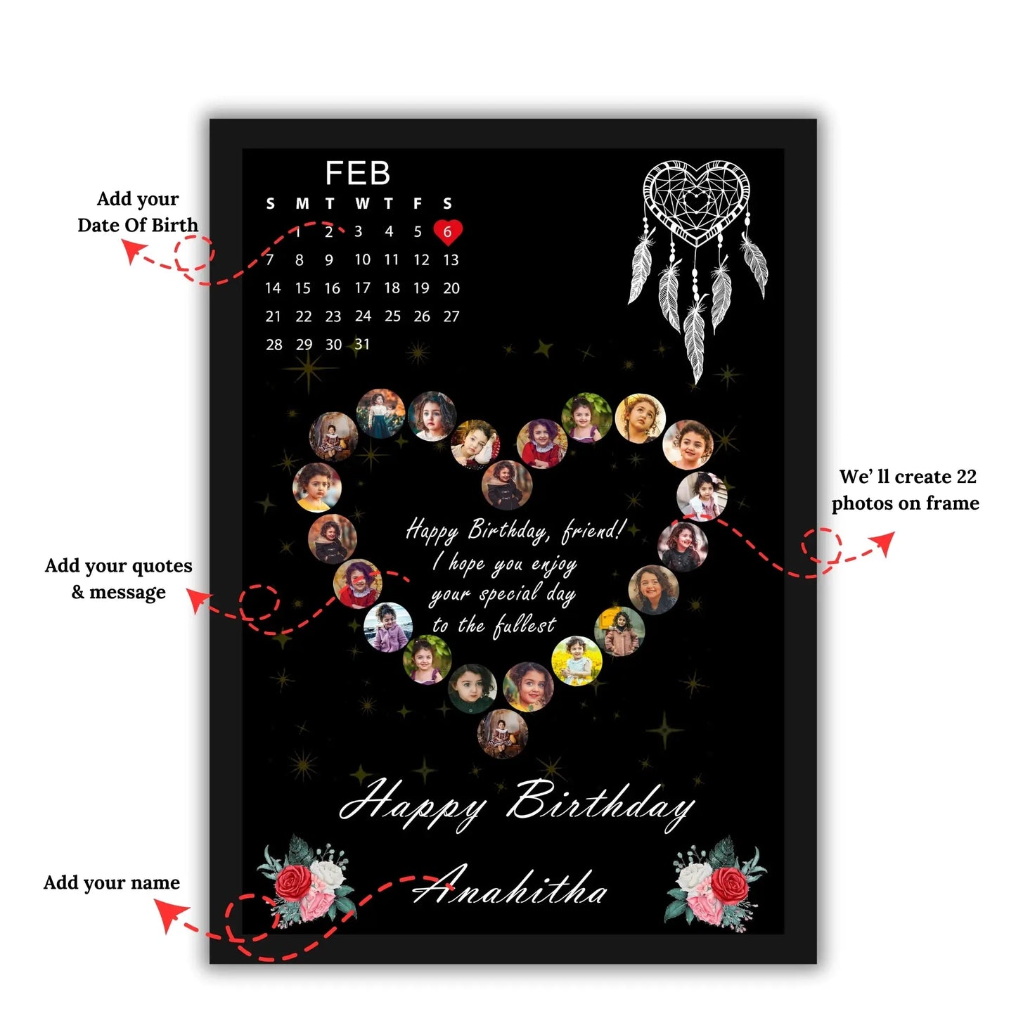 Black Heart Design Happy Birthday | Happy Anniversary Customized Photo Frames with calendar Frames Available in (12x18, 12x8, 12x10 inch - Graphikr - Publishing, Printing & Customized Gifting