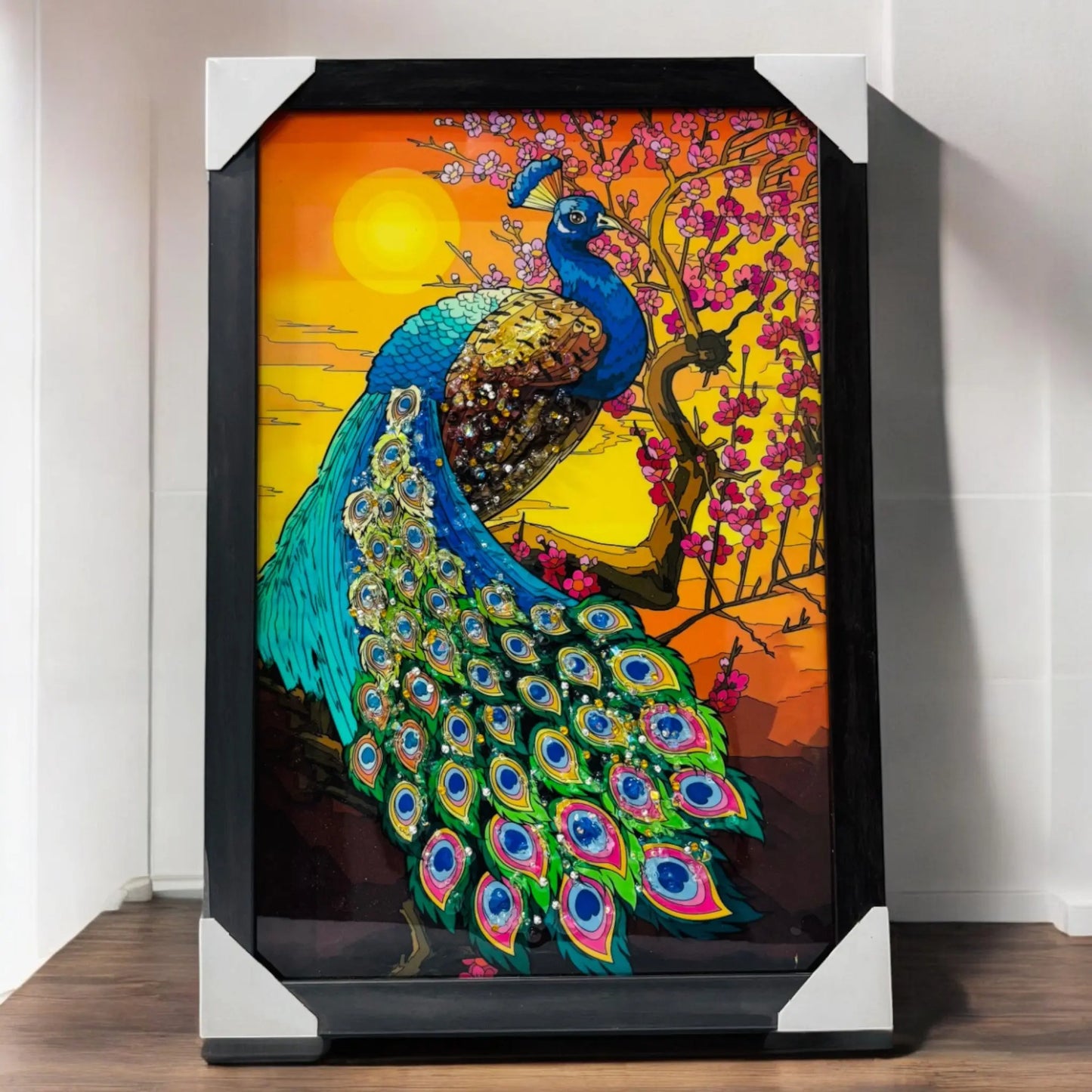 Majestic Peacock Wall Art – Bubble Glass Painting with Wooden Frame (13x19 inches) Graphikr - Publishing, Printing & Customized Gifting