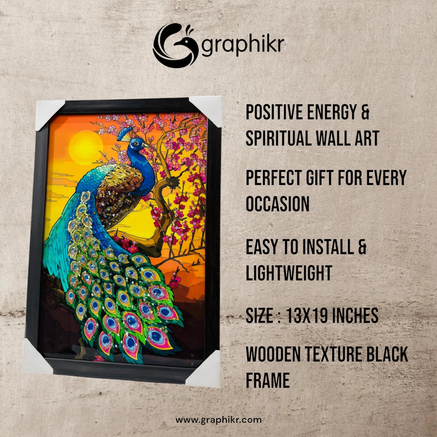 Majestic Peacock Wall Art – Bubble Glass Painting with Wooden Frame (13x19 inches) Graphikr - Publishing, Printing & Customized Gifting