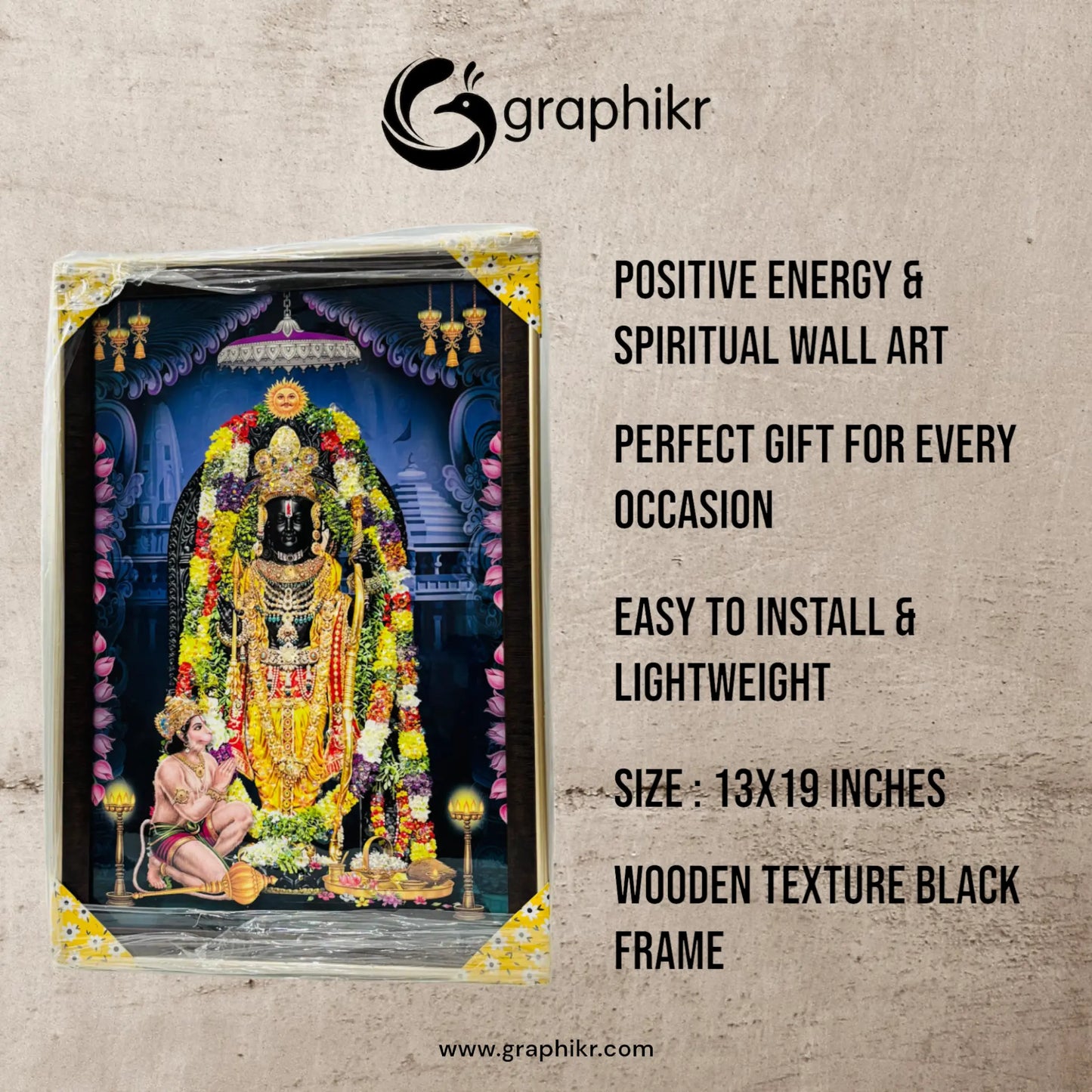 Lord Rama Ayodhyam Ram Mandir Wall Art – Spiritual Frame with Wooden Texture (13x19 inches) Graphikr - Publishing, Printing & Customized Gifting