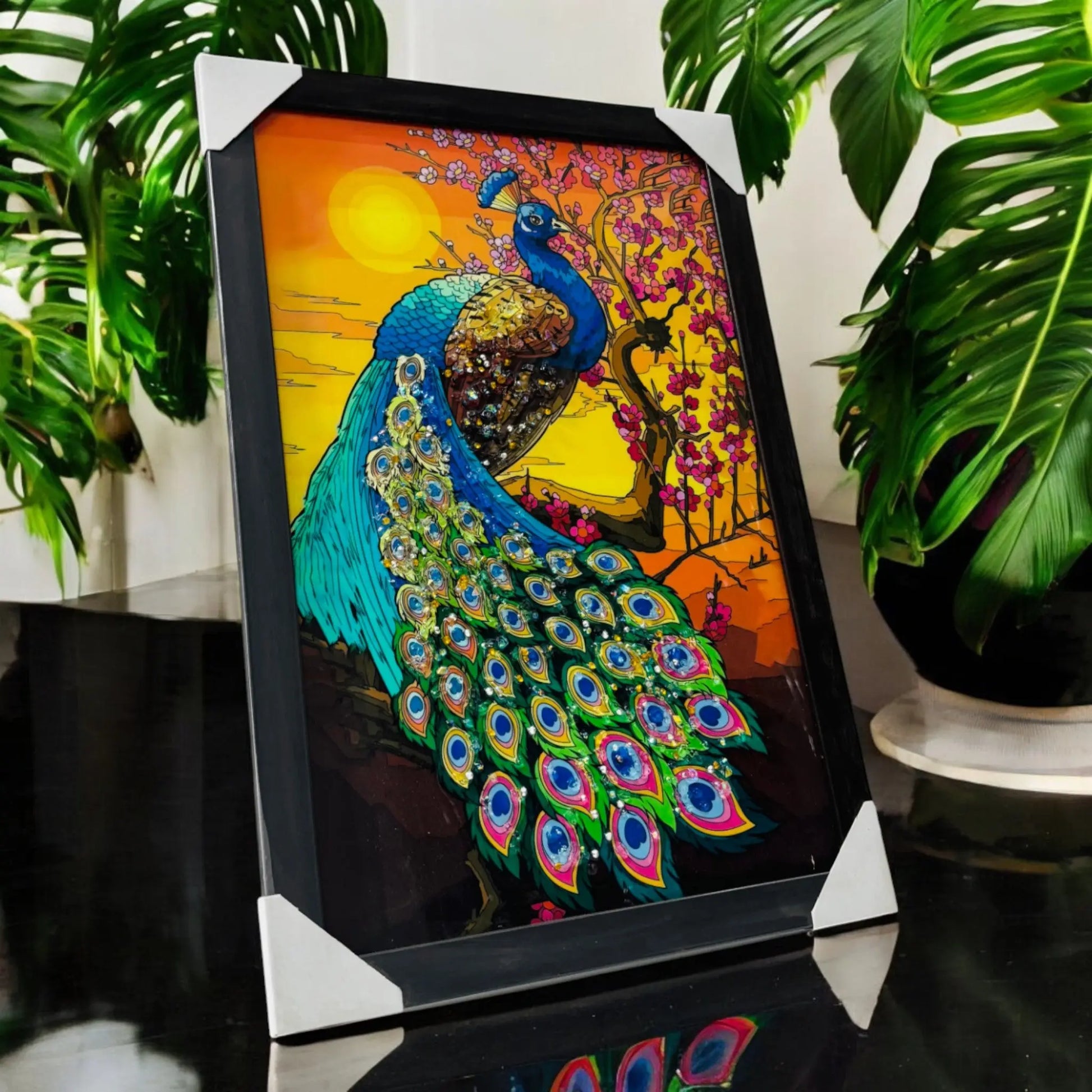 Majestic Peacock Wall Art – Bubble Glass Painting with Wooden Frame (13x19 inches) Graphikr - Publishing, Printing & Customized Gifting